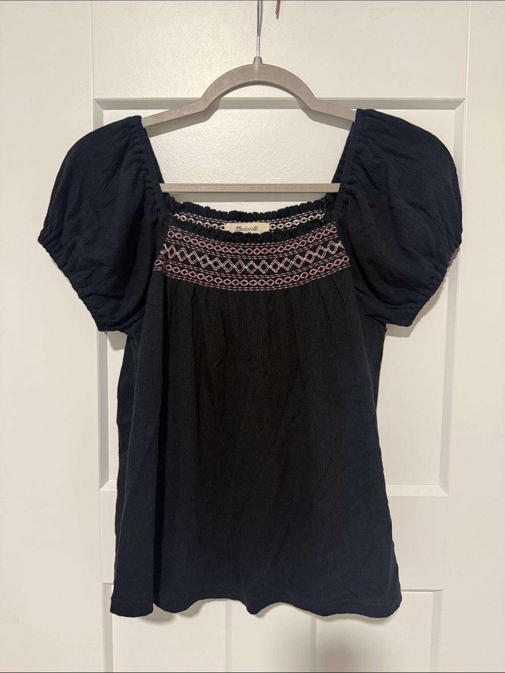 Madewell Black Puff-Sleeve Embroidered Yoke Top